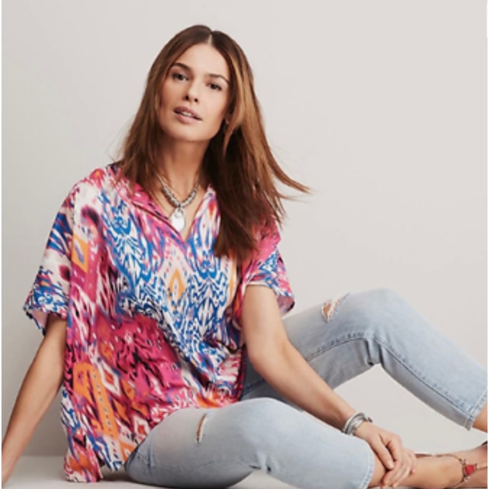 Chico's Size 2 DOLMAN SPLIT NECK TOP Relaxed Blouse Ikat Print NWT $99